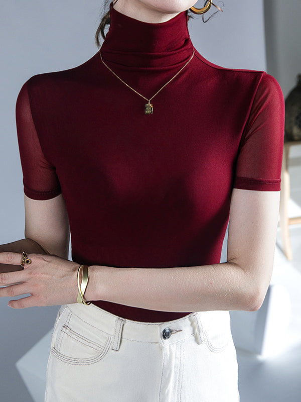Solid Color Half Sleeves Skinny High Neck T-Shirts Tops