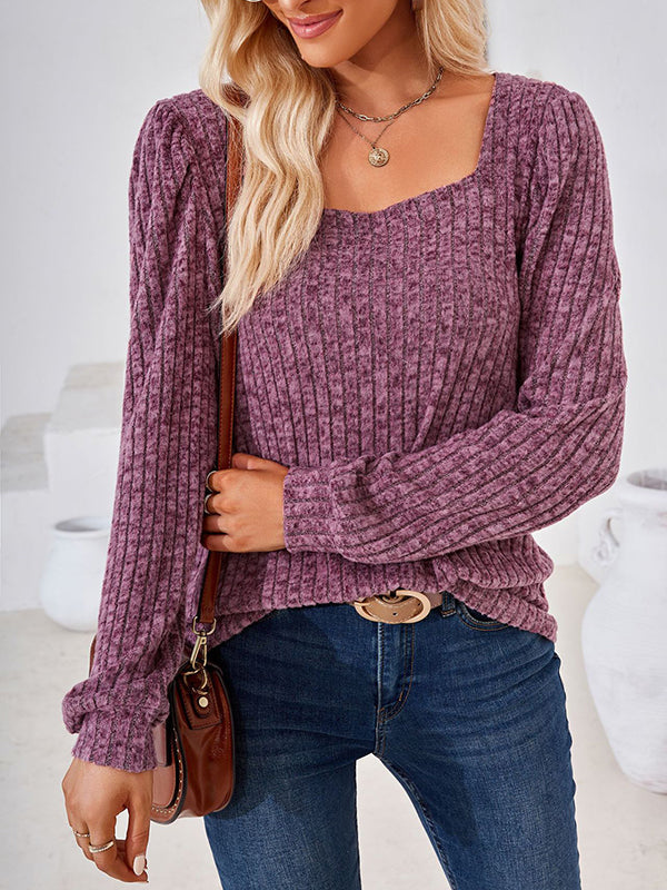 Solid Color Long Sleeves Loose Square-Neck T-Shirts Tops