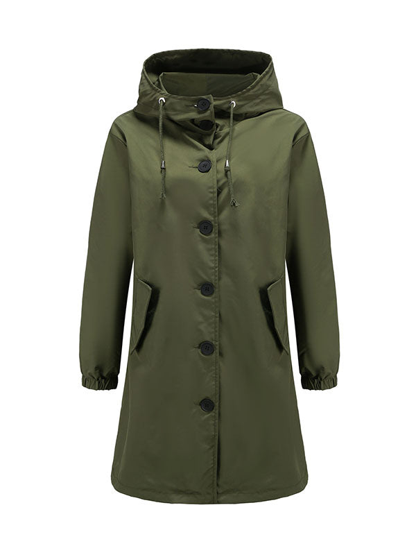 Buttoned Drawstring Elasticity Hooded Pockets Split-Back Waterproof Long Sleeves Loose High-Neck Trench Coats