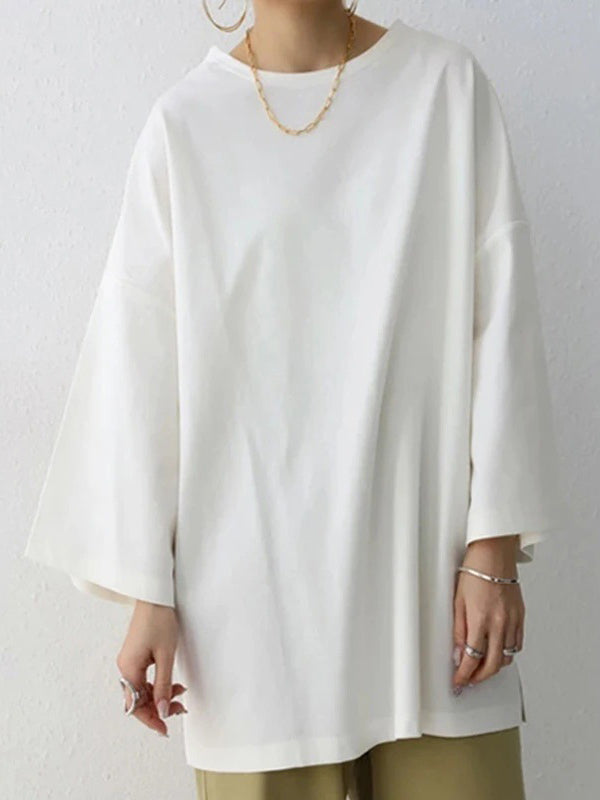 Solid Color Flared Sleeves Long Sleeves Round-Neck T-Shirts Tops