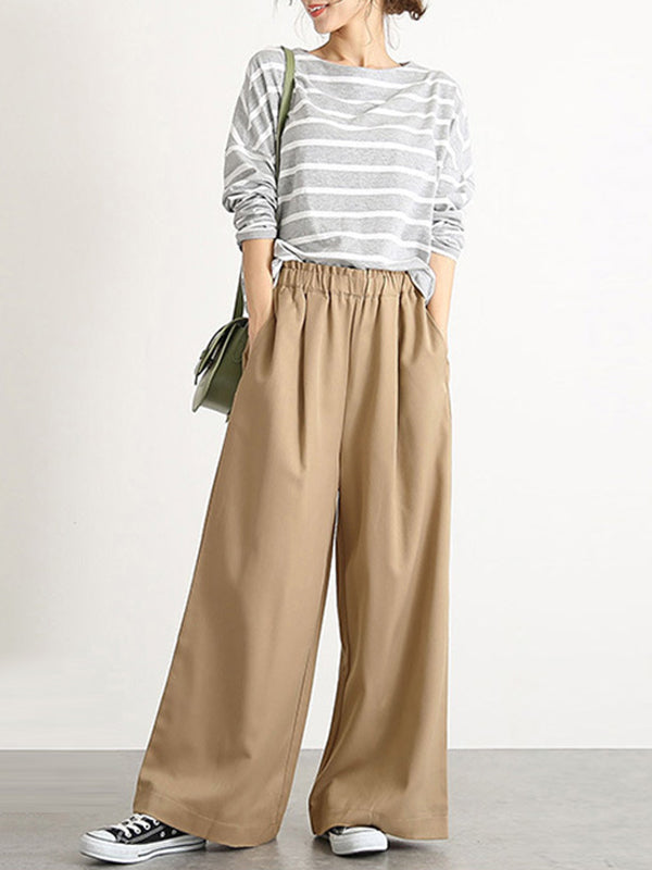 Elasticity Solid Color Split-Joint Wide Side High Waisted Wide Leg Trousers Pants