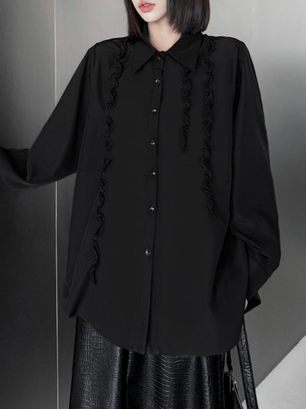 Buttoned Falbala Ruffled Solid Color Split-Joint Hipster Long Sleeves Lapel Blouses&shirts Tops