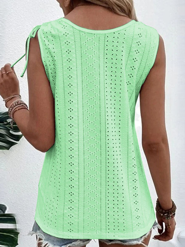 Buttoned Hollow Pleated Split-Joint Tied Loose Plus Size U-neck Vest Top