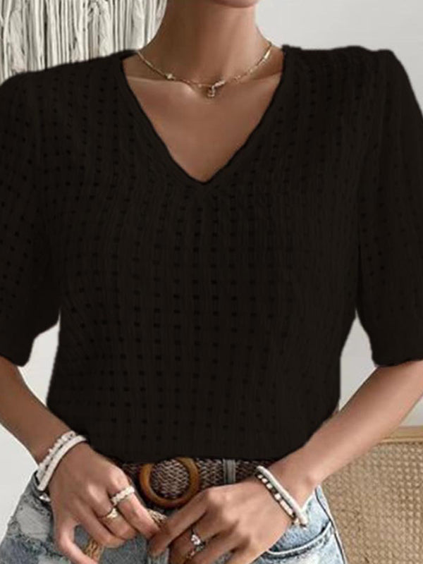 Hollow Solid Color Split-Joint Loose Short Sleeves V-Neck T-Shirts Tops