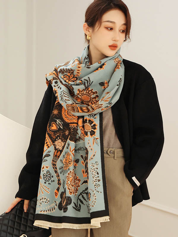 Vintage Knitting Tasseled Jacquard Imitated Cashmere Scarf Shawl