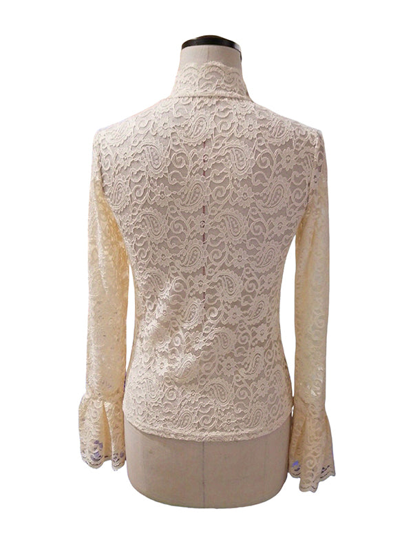 See-Through Solid Color Split-Joint Flared Sleeves Long Sleeves Mock Neck T-Shirts Tops