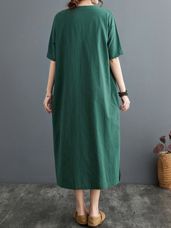 Chinese Frog Buttons Pockets Solid Color Split-Side A-Line Loose V-Neck Midi Dresses