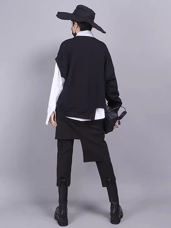 Loose Long Sleeves Asymmetric Buttoned Lapel Inner Shirts + Outer Sweatshirt Two Pieces Set