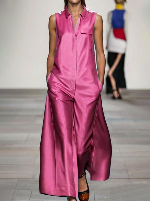 Pockets Solid Color Loose Sleeveless Lapel Jumpsuits