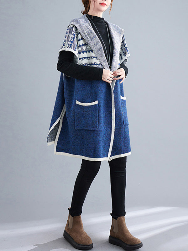 Artistic Retro Loose Casual With Pocket Hooded Short Sleeves Cardigan Outwear