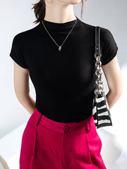 Solid Color Short Sleeves Skinny Mock Neck T-Shirts Tops