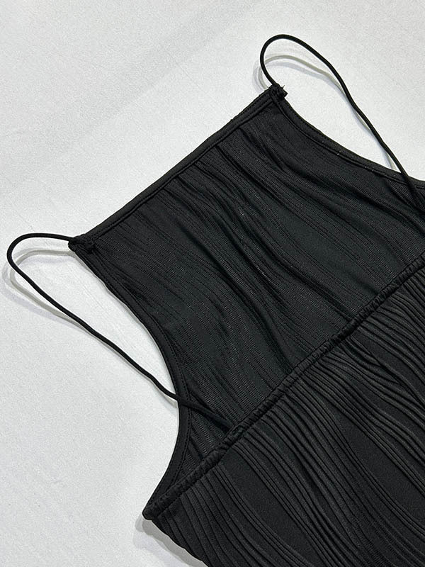 Pleated Solid Color Split-back Split-Joint Zipper Bodycon Sleeveless Spaghetti-Neck Maxi Dresses