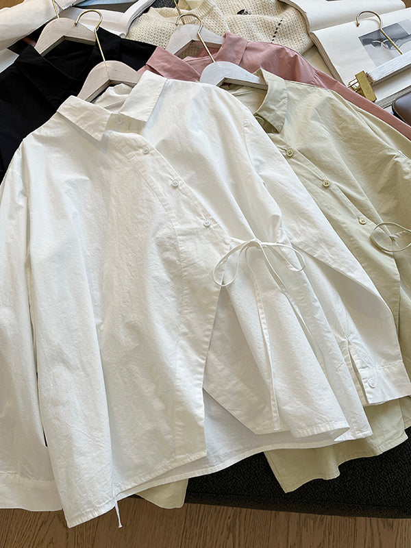 Lace-Up Solid Color Irregular Clipping Long Sleeves Lapel Blouses