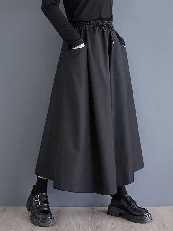 Drawstring Elasticity Pockets Solid Color A-Line High Waisted Pants Culotte