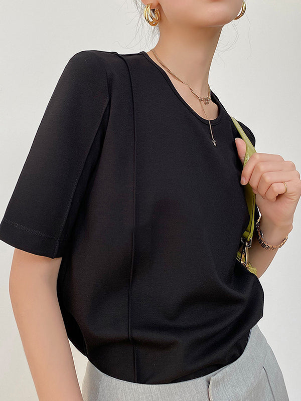 Solid Color Split-Joint Half Sleeves Round-neck T-Shirts Tops
