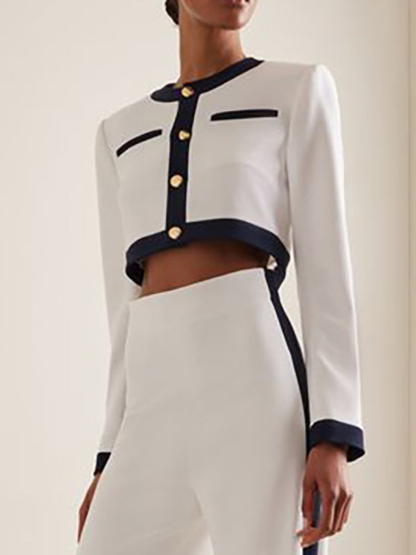 Buttoned Contrast Color Pockets Long Sleeves Loose Round-Neck Blouses&Shirts Tops