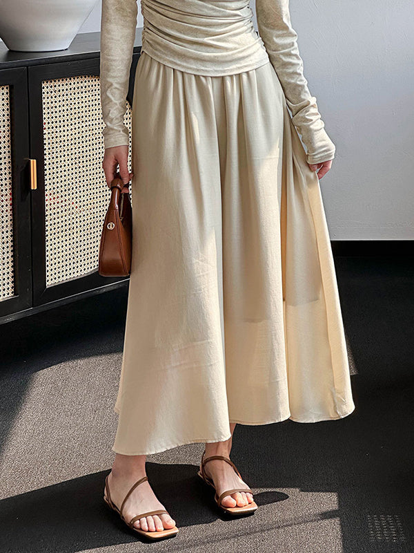 Elasticity Pleated Solid Color Split-Joint A-line High Waisted Skirts Bottoms
