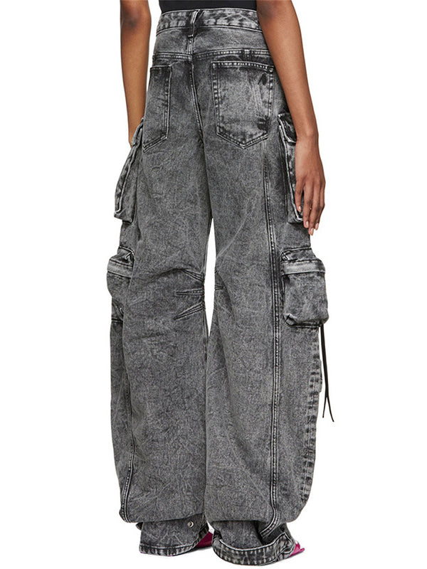 Pleated Pockets Split-Joint Streamer Loose Jean Pants Bottoms