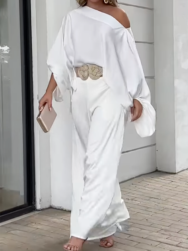 Loose Solid Color Cap Sleeve Off-the-shoulder Blouses & Pants Two Pieces Set