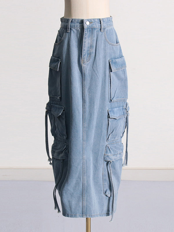 Buckle Split-back Split-Joint Streamer Zipper High Waisted Loose Skirts