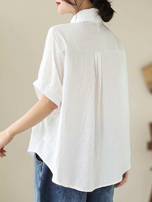 Pleated Solid Color Split-Joint Half Sleeves Loose Lapel Blouses&Shirts Tops