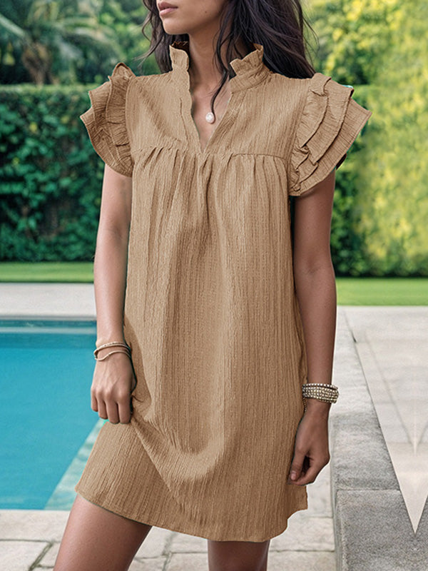 Ruffled Solid Color A-Line Loose Stand Collar Mini Dresses