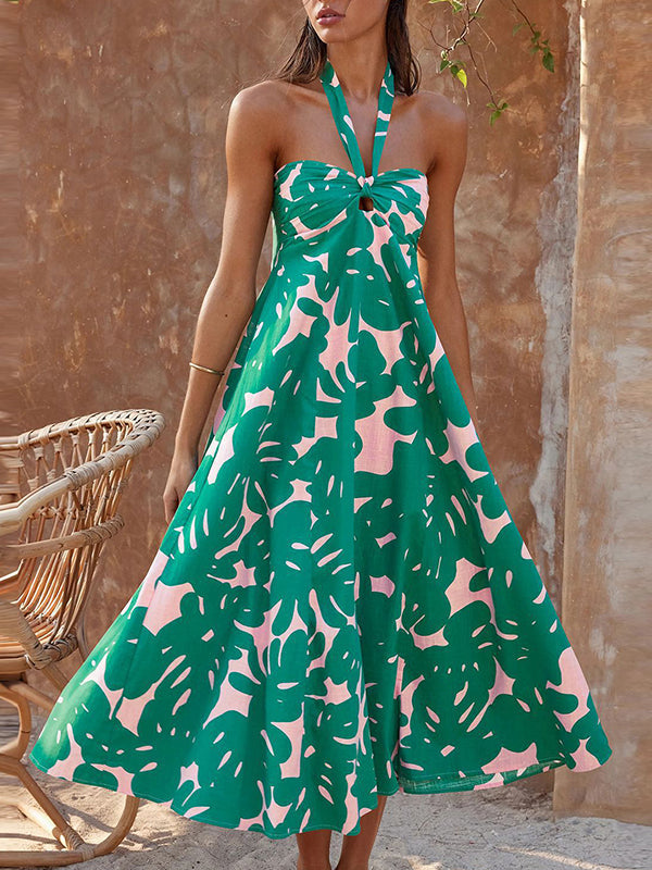 Hollow Printed Split-Joint A-line Loose Halter-Neck Midi Dresses