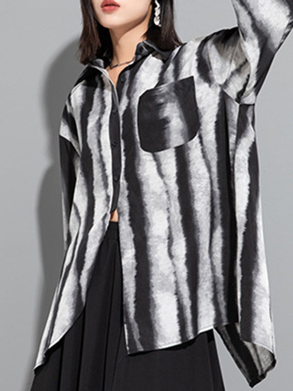 Split-back Tie-dyed Irregular clipping Long Sleeves Lapel Shirts Tops