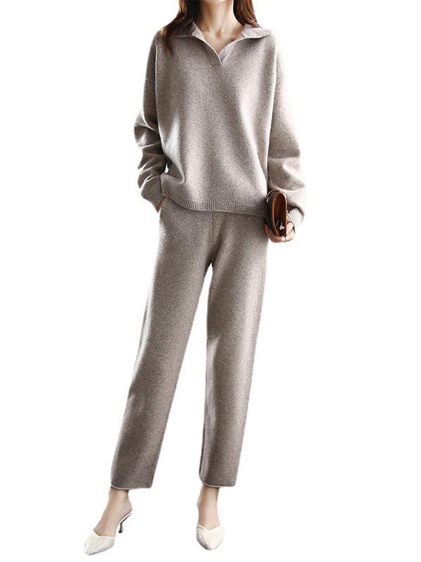 Loose Solid Color Long Sleeves Polo Sweater Top + Pants Bottom Two Pieces Set