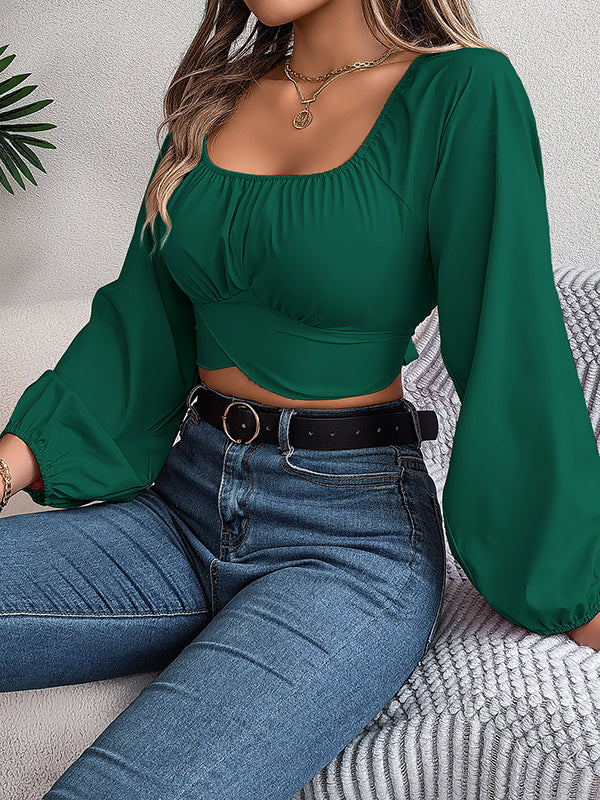 Elasticity Pleated Solid Color Split-Joint Long Sleeves Puff Sleeves Square-Neck Blouses&Shirts Tops