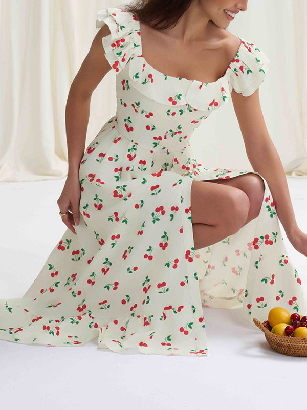 Buttoned Elasticity Flower Print Pleated High Waisted Loose Square-neck Midi Dresses