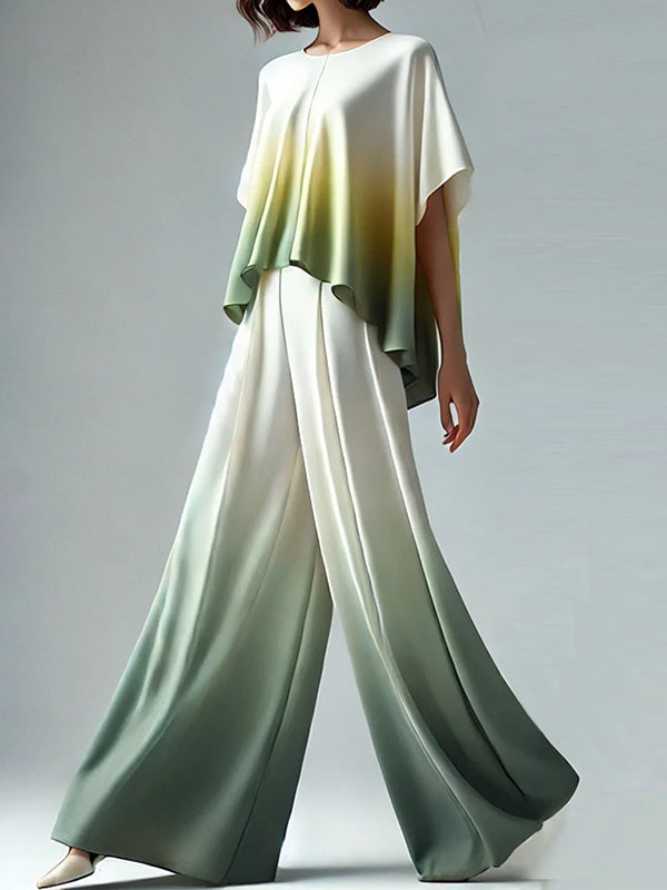 Gradient Split-Joint Batwing Sleeves Loose Round-Neck T-Shirts