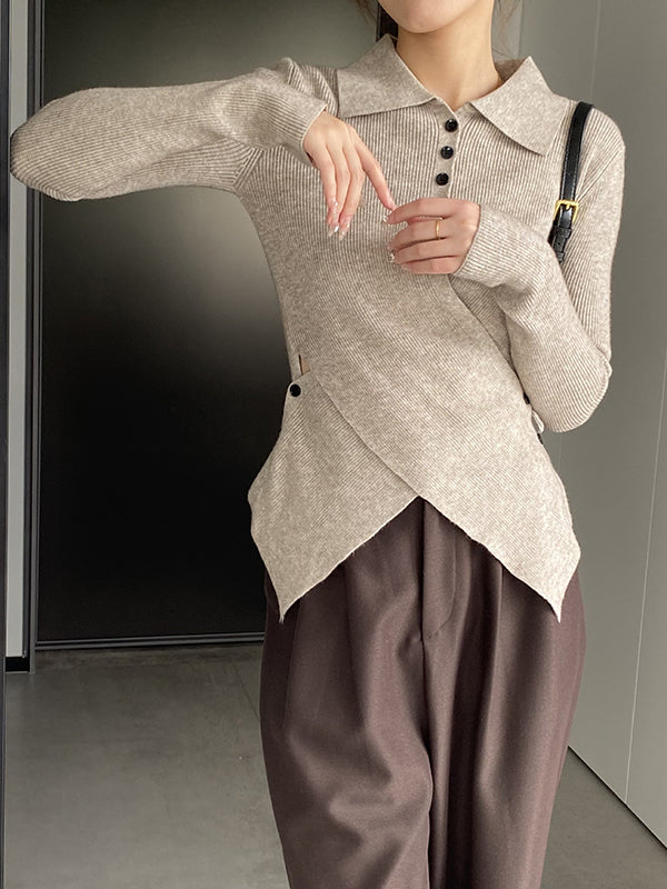 Asymmetric Buttoned Hollow Long Sleeves Skinny Lapel Sweater Pullovers Knitwear