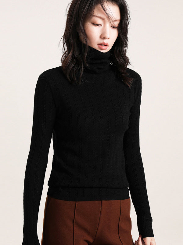 Casual Skinny Long Sleeves Solid Color Heaps Collar Sweater Tops Pullovers
