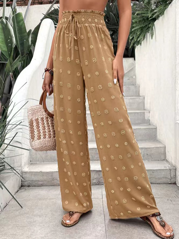 Drawstring Elasticity Jacquard Solid Color High Waisted Loose Trousers Pants