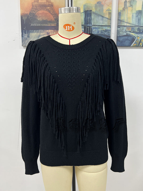 Original Long Sleeves Loose Tasseled Solid Color Round-Neck Sweater Tops