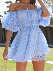 Elasticity Solid Color Split-Joint High Waisted Loose Off-The-Shoulder Mini Dresses