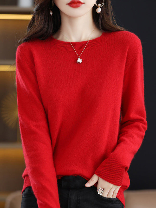 Casual Long Sleeves Loose Solid Color Round-Neck Sweater Tops