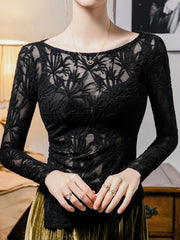 Hollow See-Through Solid Color Split-Side Long Sleeves Plus Size Round-Neck T-Shirts Tops