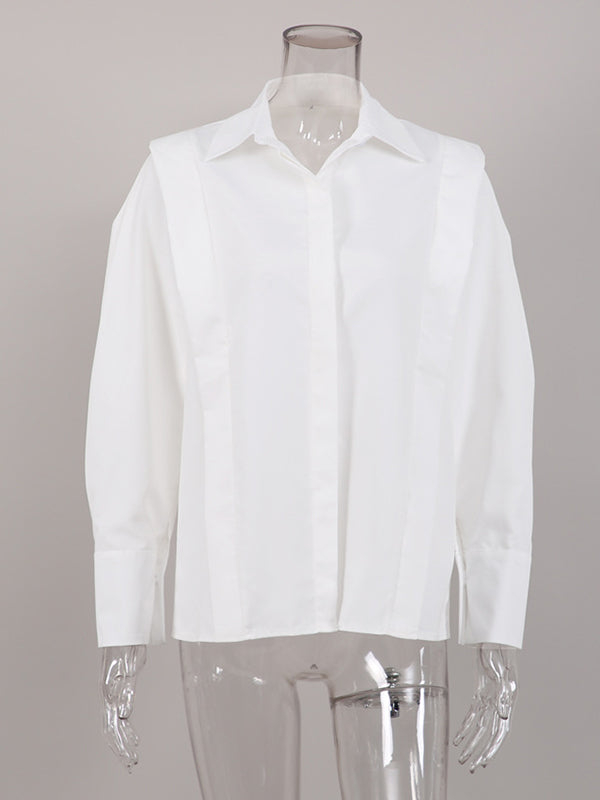 Buttoned Solid Color Long Sleeves Loose Lapel Blouses&Shirts Tops