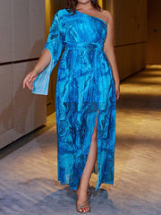 Asymmetric Pleated Printed Split-side A-line High Waisted One-shoulder Maxi Dresses