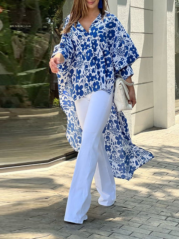 Half Sleeves High-Low Buttoned Flower Print Split-Side Lapel Blouses&Shirts Tops
