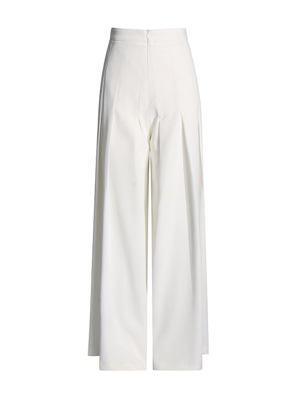 Solid Color Asymmetric Loose Pleated One-Shoulder T-shirt Top + High Waisted Zipper Pants Bottom Two Pieces Set