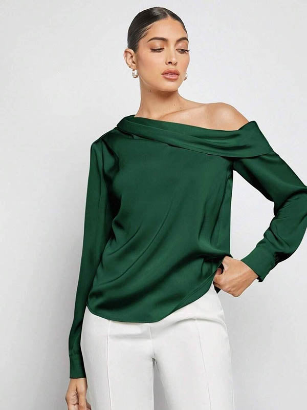 Pleated Solid Color Split-Joint Long Sleeves Skinny One-Shoulder Blouses&Shirts Tops