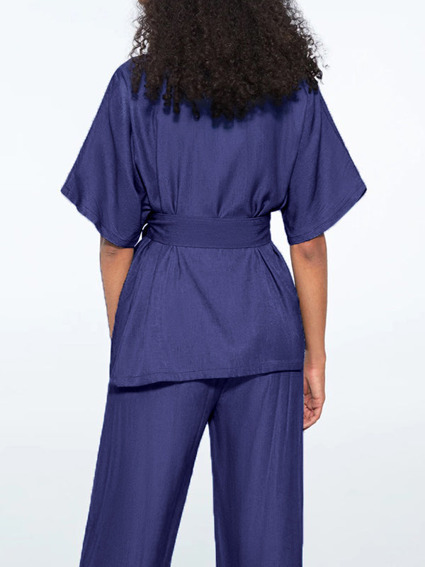 Solid Color Tied Waist Loose Short Sleeves V-Neck Blouses&Shirts Tops