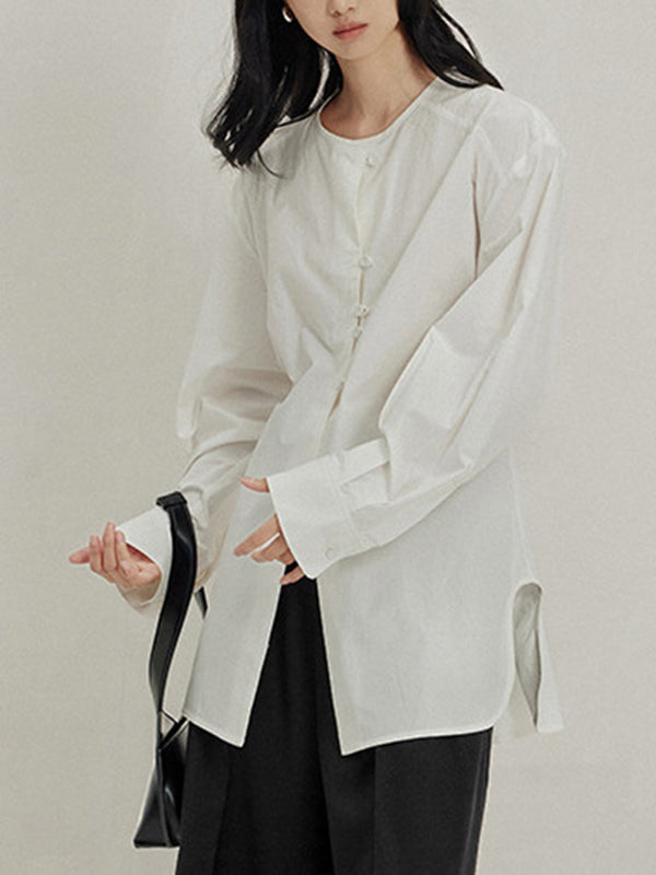 Buttoned Solid Color Tied Long Sleeves Loose Round-Neck Blouses&Shirts Tops