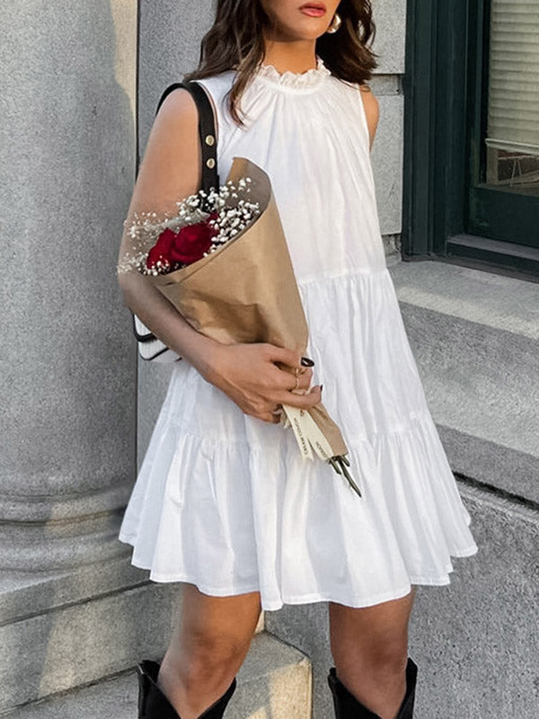Pleated Ruffled Solid Color Split-Joint A-Line Loose Round-Neck Shirt Dress Mini Dresses