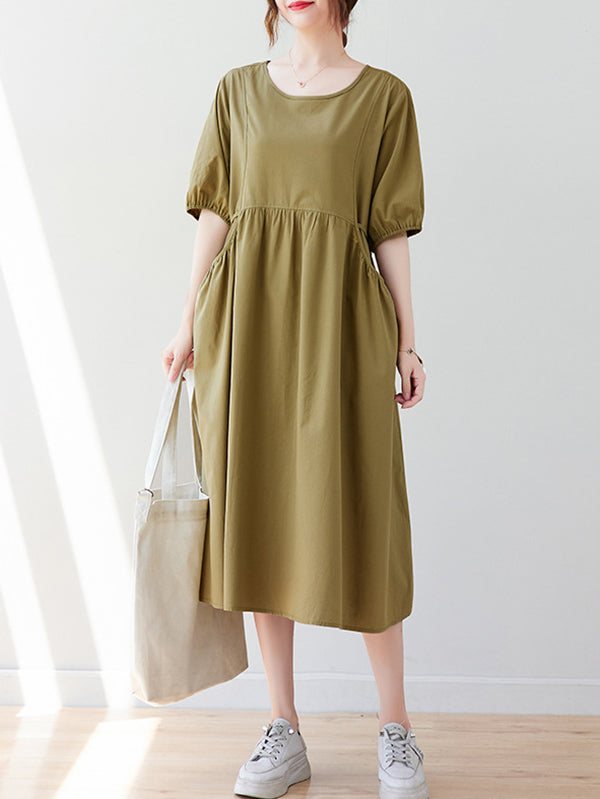 Casual Half Sleeves Loose Elasticity Split-Joint Solid Color Midi Dresses