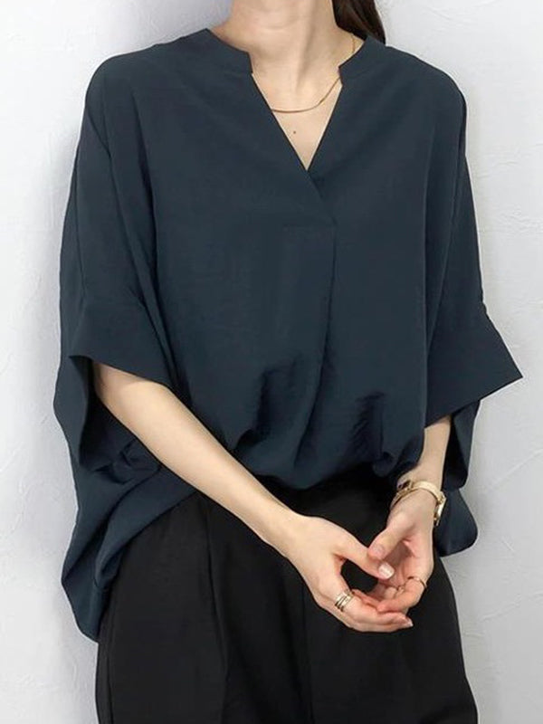 Pleated Solid Color Split-Joint Half Sleeves High-low V-neck Blouses&shirts Tops
