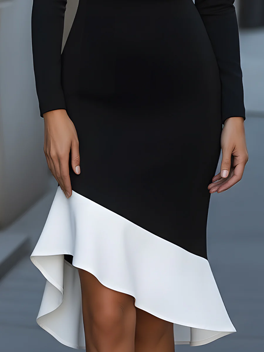 Ruffled High Waisted Long Sleeves Round-neck Midi Dresses
